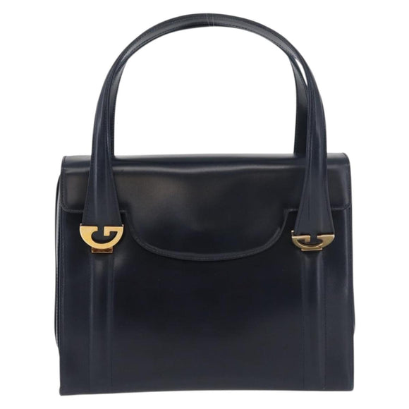 GUCCI Hand Bag Leather Navy Gold Auth 176213