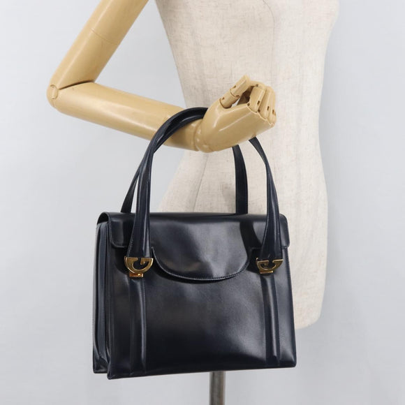 GUCCI Hand Bag Leather Navy Gold Auth 176213