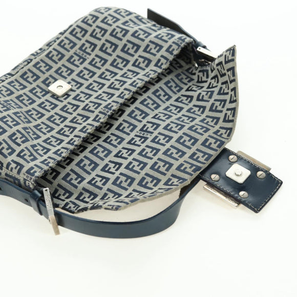 FENDI Zucchino Canvas Mamma Baguette Shoulder Bag Navy Silver Auth 176216SAM