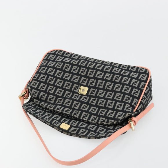 FENDI Zucchino Canvas Shoulder Bag Black Gold Auth 176217A