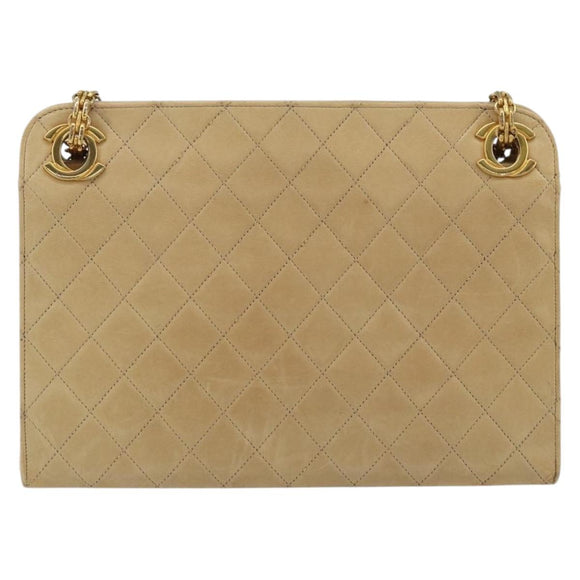 CHANEL Matelasse Chain Shoulder Bag Lamb Skin Beige Gold CC Auth 176218