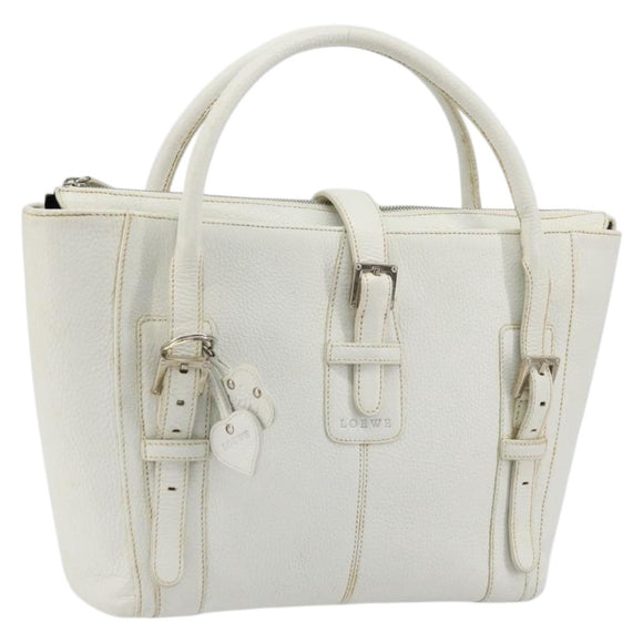 LOEWE Hand Bag Leather White Silver Auth 176235
