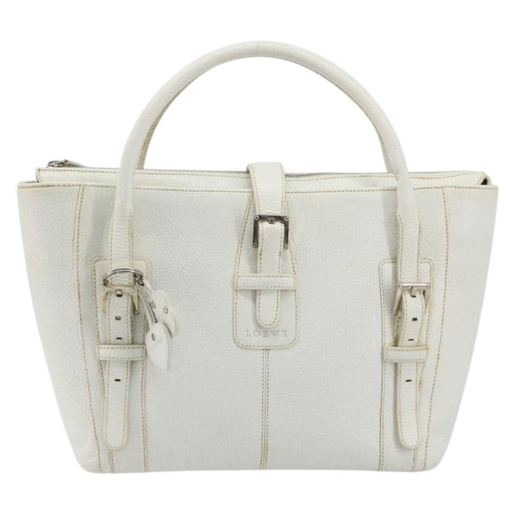 LOEWE Hand Bag Leather White Silver Auth 176235