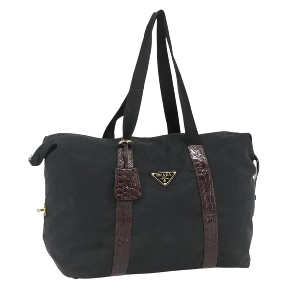 PRADA Boston Bag Nylon Black Gold Auth 176251