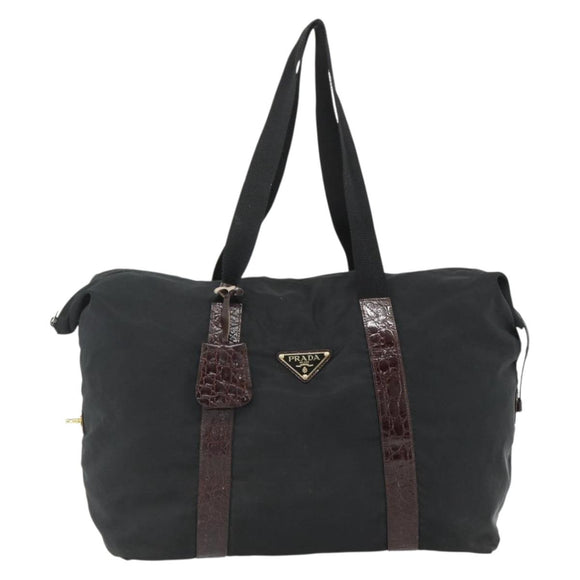 PRADA Boston Bag Nylon Black Gold Auth 176251
