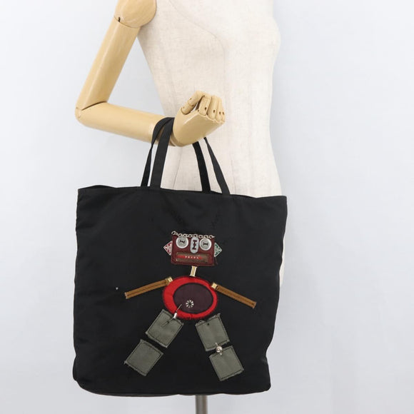 PRADA Robot Tote Bag Nylon Black Silver Auth 176252