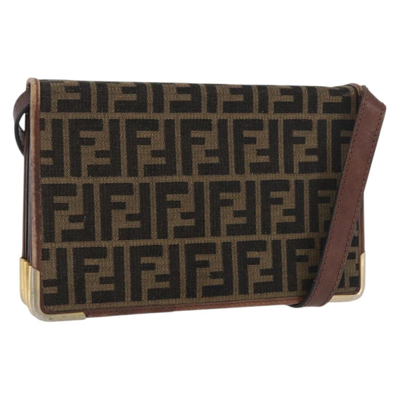 FENDI Zucca Canvas Shoulder Bag Black Brown Auth 176273