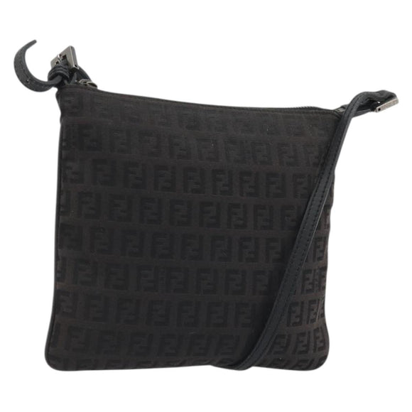 FENDI Zucchino Canvas Shoulder Bag Silver Black Auth 176275