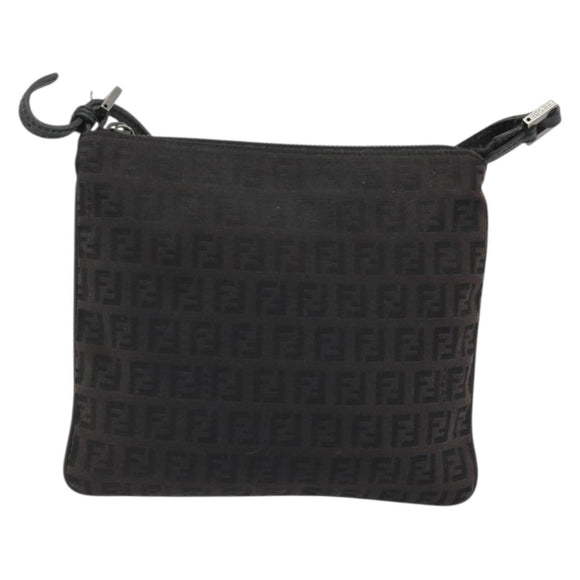 FENDI Zucchino Canvas Shoulder Bag Silver Black Auth 176275