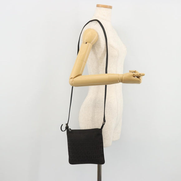 FENDI Zucchino Canvas Shoulder Bag Silver Black Auth 176275