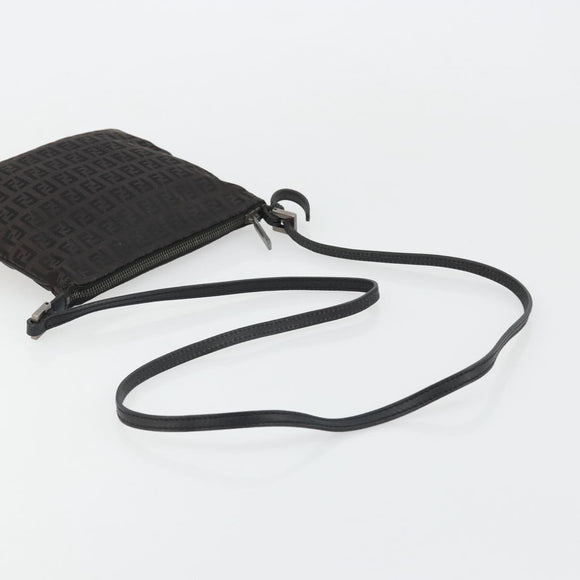 FENDI Zucchino Canvas Shoulder Bag Silver Black Auth 176275