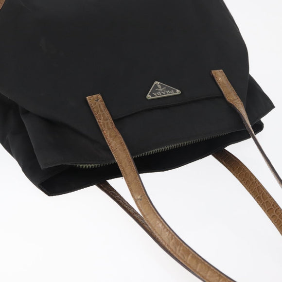 PRADA Tote Bag Nylon Black Silver Auth 176297