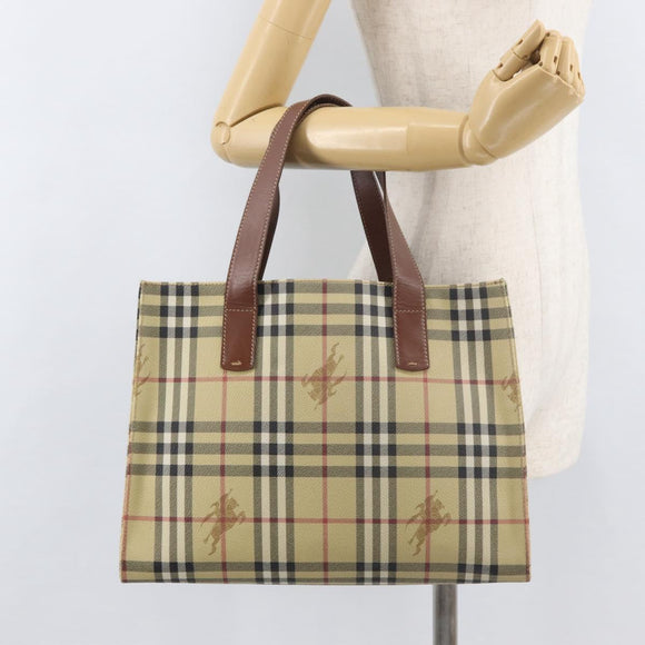 BURBERRY Nova Check Tote Bag PVC Beige Gold Auth 176349A