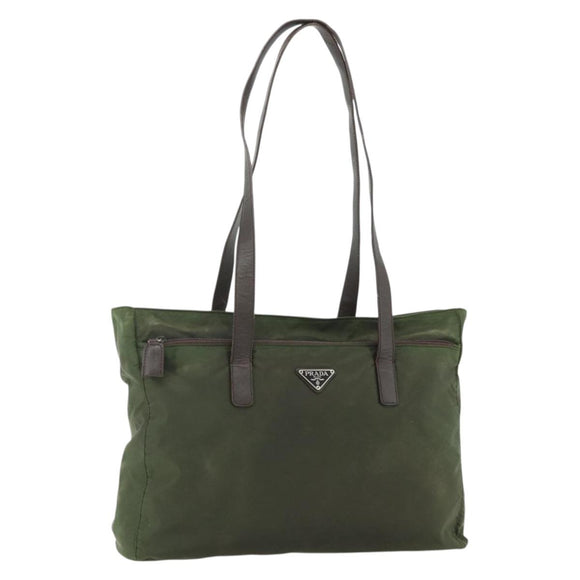PRADA Tote Bag Nylon Khaki Silver Auth 176359