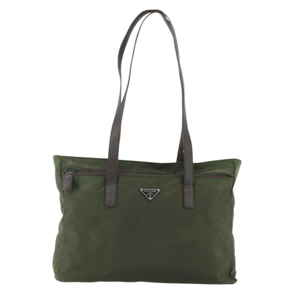 PRADA Tote Bag Nylon Khaki Silver Auth 176359