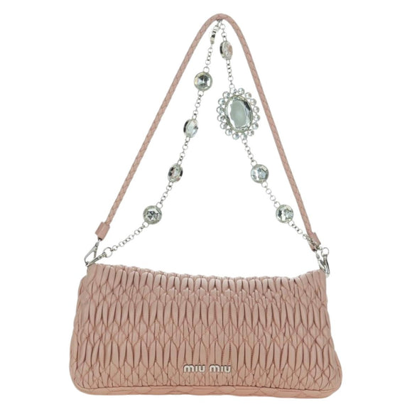 Miu Miu Matelasse Chain Shoulder Bag Leather 2way Pink Silver Auth 176382SAM
