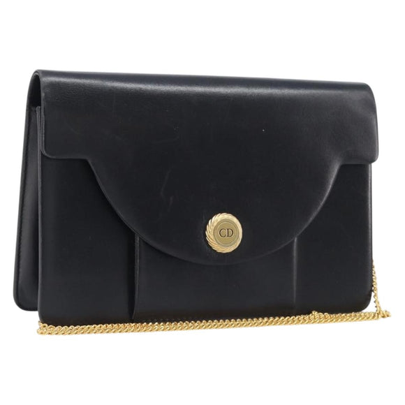 Christian Dior Chain Shoulder Bag Leather Black Gold Auth 176389