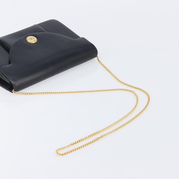 Christian Dior Chain Shoulder Bag Leather Black Gold Auth 176389