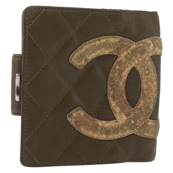 CHANEL Cambon Line Bifold Wallet Embossed leather Khaki CC Auth 176408