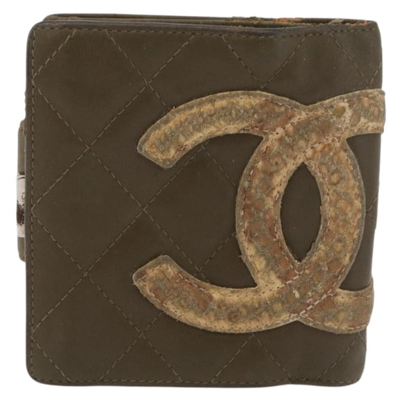 CHANEL Cambon Line Bifold Wallet Embossed leather Khaki CC Auth 176408