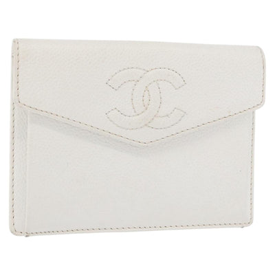 CHANEL Pouch Caviar Skin White Gold CC Auth 176409A