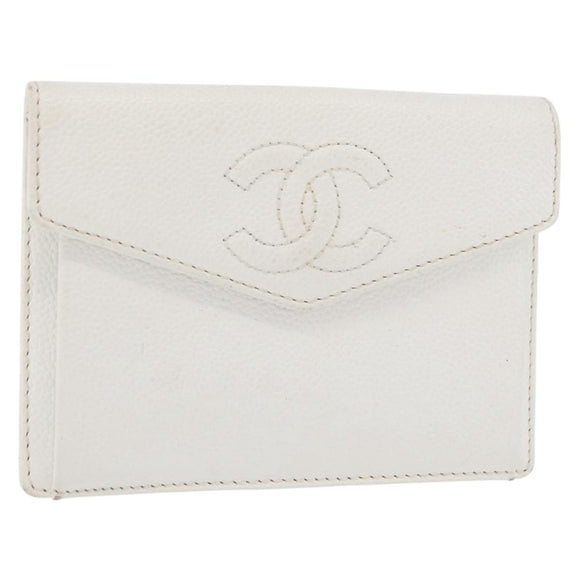 CHANEL Pouch Caviar Skin White Gold CC Auth 176409A