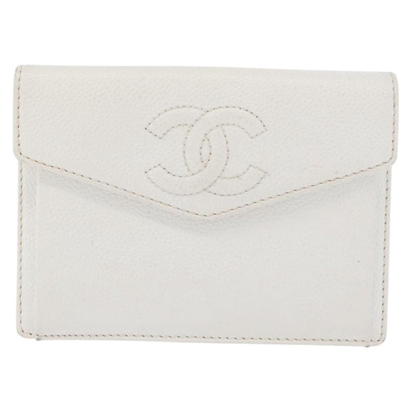 CHANEL Pouch Caviar Skin White Gold CC Auth 176409A