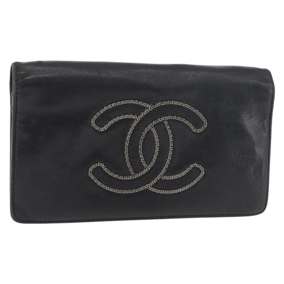 CHANEL Long Wallet Leather Black CC Auth 176410