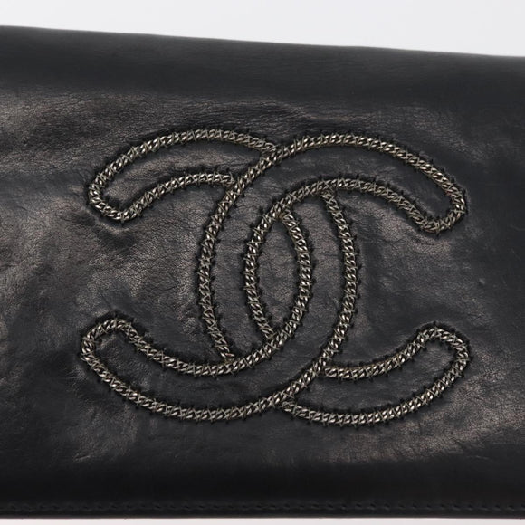 CHANEL Long Wallet Leather Black CC Auth 176410