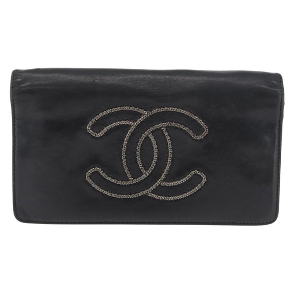 CHANEL Long Wallet Leather Black CC Auth 176410