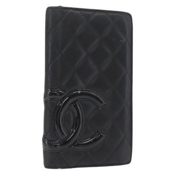 CHANEL Cambon Line Long Wallet Lamb Skin Black CC Auth 176412