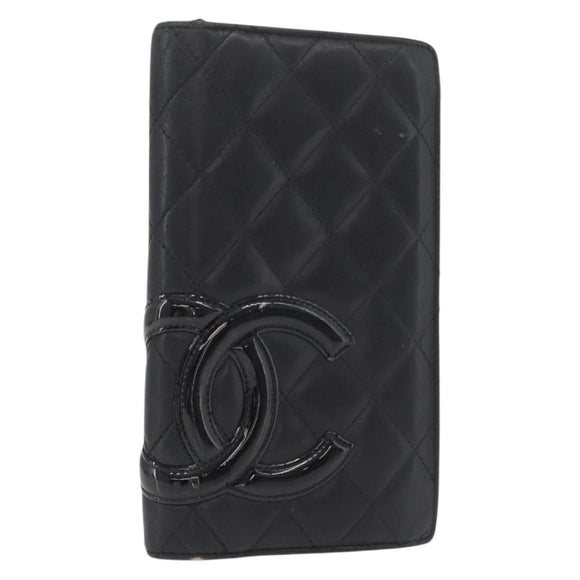 CHANEL Cambon Line Long Wallet Lamb Skin Black CC Auth 176412