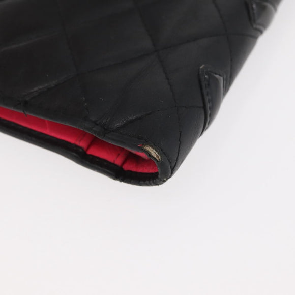 CHANEL Cambon Line Long Wallet Lamb Skin Black CC Auth 176412