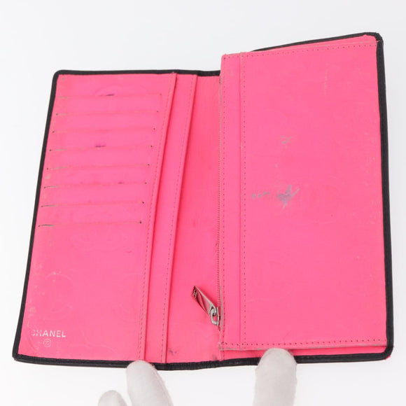 CHANEL Cambon Line Long Wallet Lamb Skin Black CC Auth 176412
