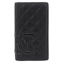CHANEL Cambon Line Long Wallet Lamb Skin Black CC Auth 176412-2