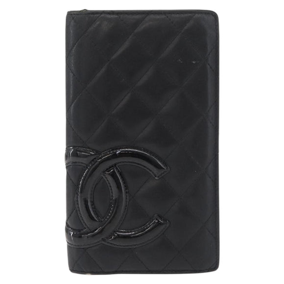 CHANEL Cambon Line Long Wallet Lamb Skin Black CC Auth 176412