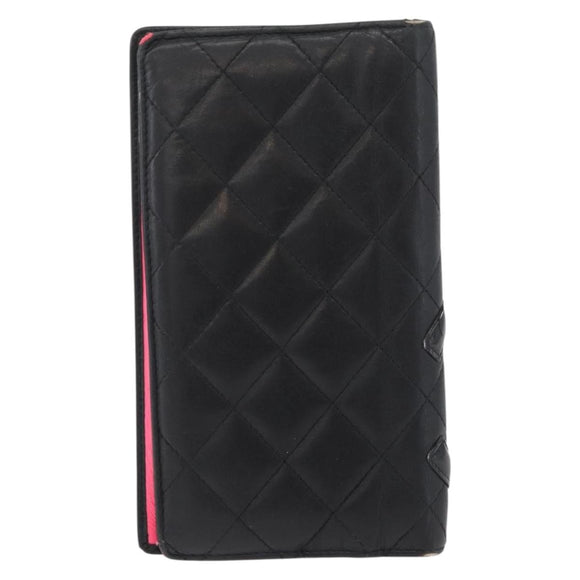 CHANEL Cambon Line Long Wallet Lamb Skin Black CC Auth 176412