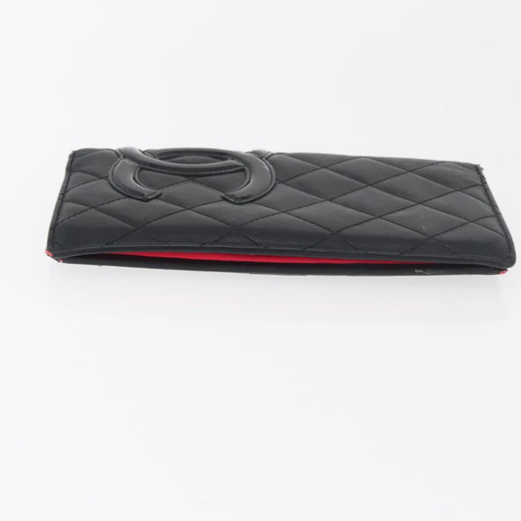 CHANEL Cambon Line Long Wallet Lamb Skin Black CC Auth 176412