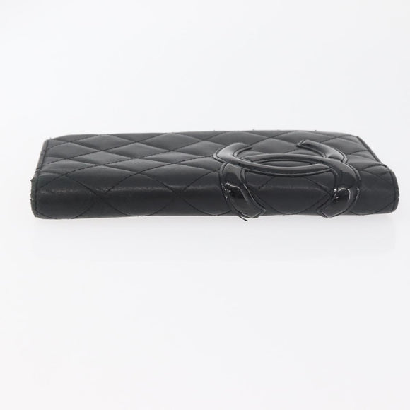 CHANEL Cambon Line Long Wallet Lamb Skin Black CC Auth 176412