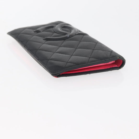 CHANEL Cambon Line Long Wallet Lamb Skin Black CC Auth 176412