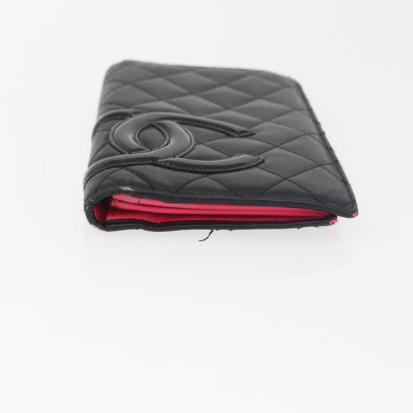CHANEL Cambon Line Long Wallet Lamb Skin Black CC Auth 176412