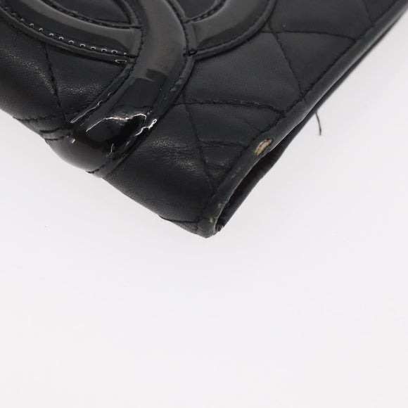 CHANEL Cambon Line Long Wallet Lamb Skin Black CC Auth 176412