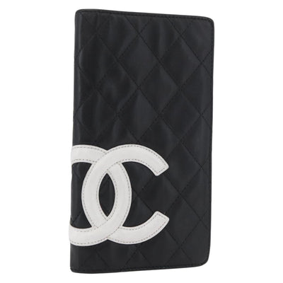 CHANEL Cambon Line Long Wallet Lamb Skin Black White CC Auth 176413A
