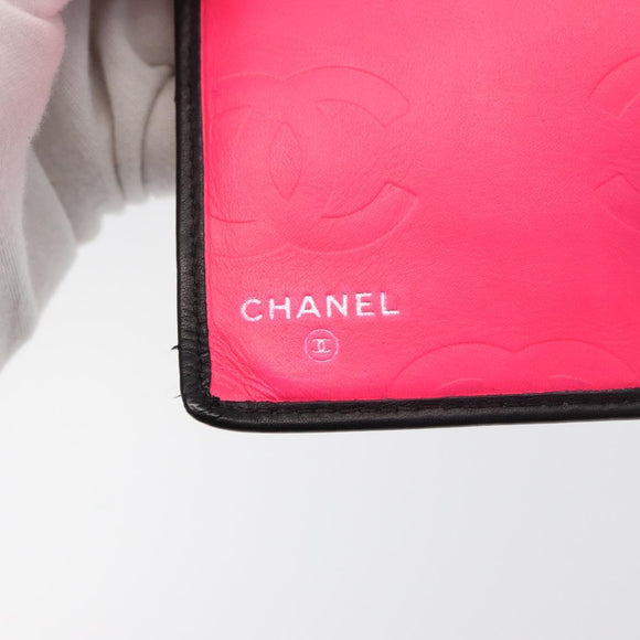 CHANEL Cambon Line Long Wallet Lamb Skin Black White CC Auth 176413A