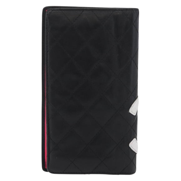 CHANEL Cambon Line Long Wallet Lamb Skin Black White CC Auth 176413A