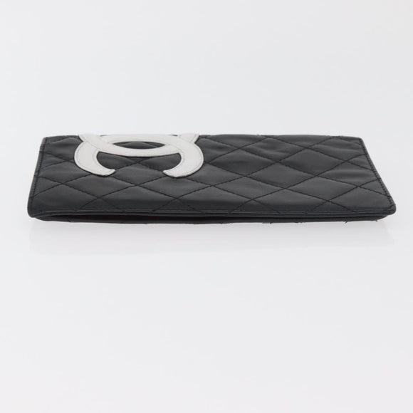 CHANEL Cambon Line Long Wallet Lamb Skin Black White CC Auth 176413A