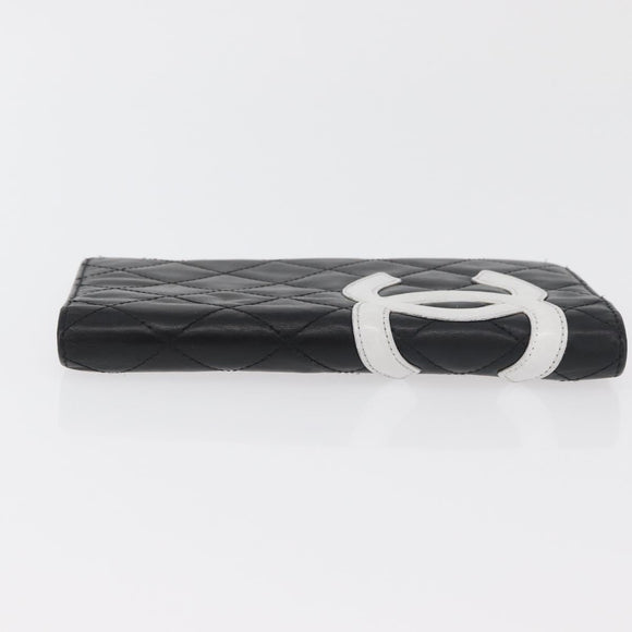 CHANEL Cambon Line Long Wallet Lamb Skin Black White CC Auth 176413A