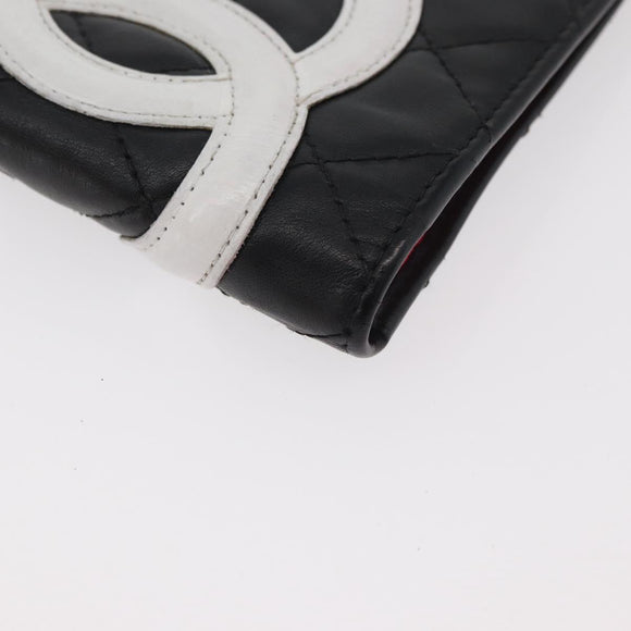 CHANEL Cambon Line Long Wallet Lamb Skin Black White CC Auth 176413A