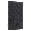 CHANEL Cambon Line Long Wallet Lamb Skin Black CC Auth 176414-1