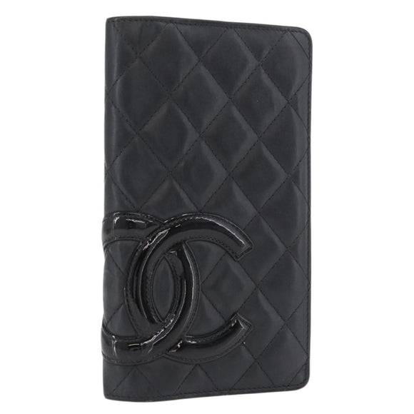 CHANEL Cambon Line Long Wallet Lamb Skin Black CC Auth 176414